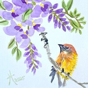 Bird on Wisteria Original Asian Style Watercolor Wall Art Painting 11x14inMatted